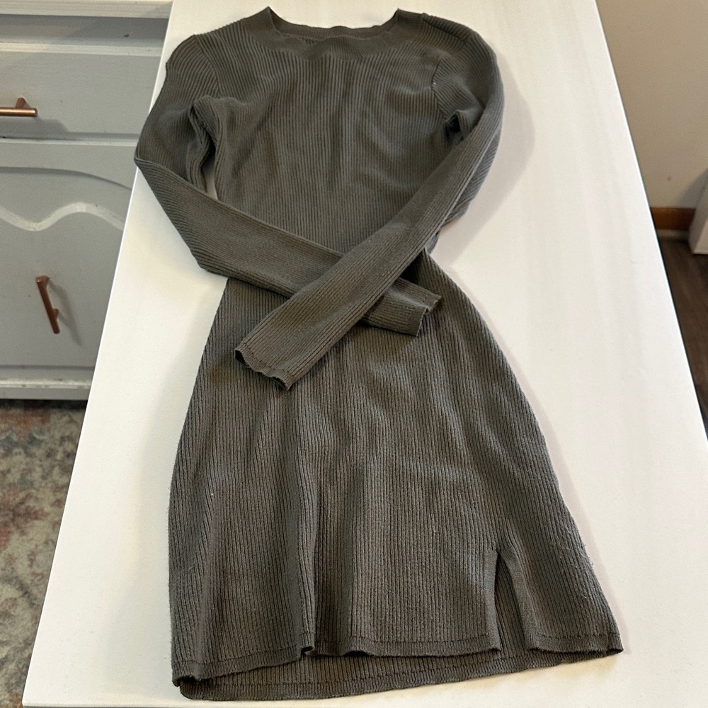 Hollister Ribbed Long-Sleeve Knit Dress in Olive